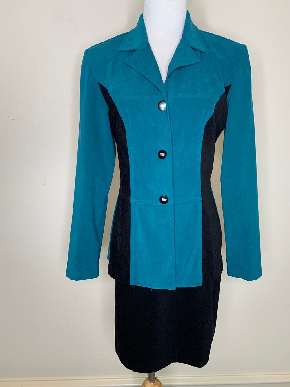 Vintage 90s Faux Suede Skirt Suit Sz Small Teal Black Color block